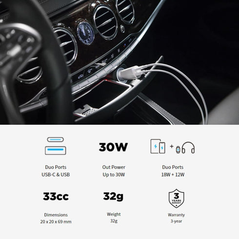 Innergie 30D 30W USB-C Car Charger, 2 Ports | Fast Charging (USB PD & QC3.0) Superior Safety Surround with Heat-Resistant Technology | Compatible ...