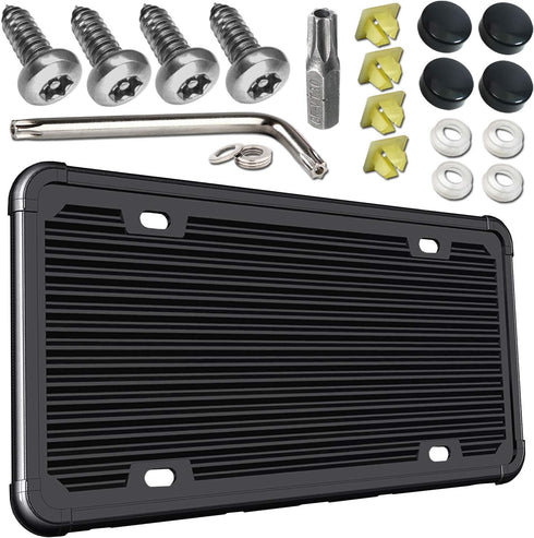 PRUST Anti Theft License Plate Frame- Black Silicone Car Plate Holder and Stainless Steel Tamper-Proof Screws kit, with License Plate Mounting Har...