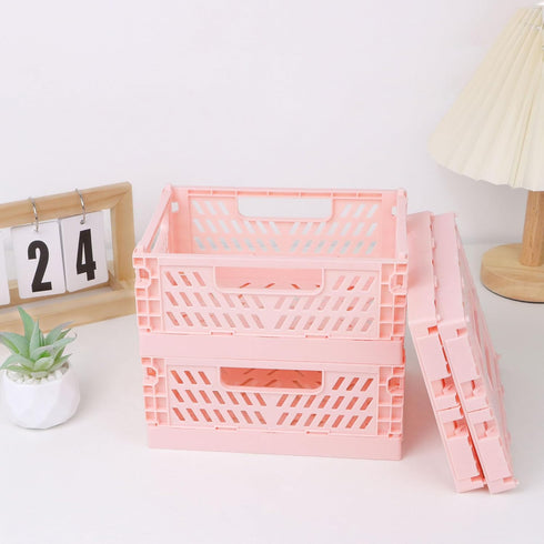 4-Pack Pink Plastic Storage Crate Small Baskets for Organizing Collapsible Storage Crates for Desk Organizers,Stackable Cute Storage Bins for Clas...