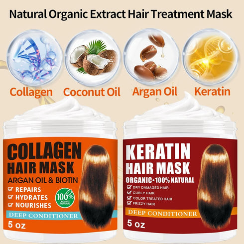 2 Pack Collagen Hair Mask & Keratin Hair Mask,Hydrating Argan Oil Hair Repair Treatment Deep Conditioner Hair Protein Treatment for Dry Damaged Ha...