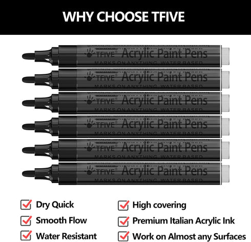 Black Acrylic Paint Marker Pens - 2-3mm Medium Tip, 6 Pack Permanent Black Water Based Paint Pen for DIY Projects, Paintings for Rock, Fabric, Woo...