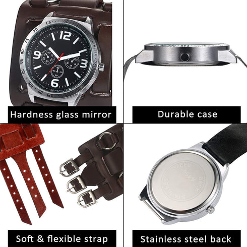 JewelryWe Black Brown Hip-hop Gothic Punk Style Men Watch Wide Leather Fashion Cuff Wristwatch for Halloween...