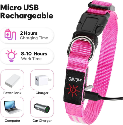 LED Dog Collar - HIGO USB Rechargeable Light Up Dog Collars, Pet Safety Collar Light Makes Your Dogs Be Seen at Night for Large Dogs (Pink, Large)...