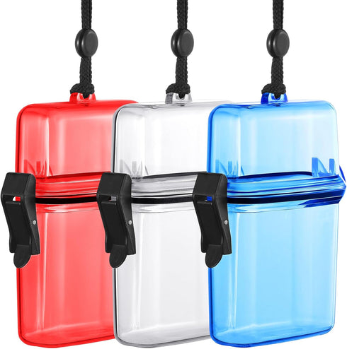 Outus 3 Pieces Waterproof Case ID Card Holder with Floating Sports Case Locker with Hanging Ring and Rope (Clear Blue Red,4.72 x 2.95 x 1.57 Inch)...