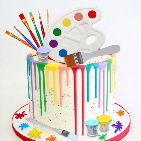 26 Pcs Art Cake Topper Paint Cake Decorations Painting Cake Toppers include Paint Pen Brush Painting Bucket Palette for Kids Birthday Baby Shower ...