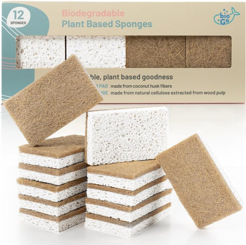 bioGo White 12 Pack Biodegradable Kitchen Sponges - Eco-Friendly, Compostable, Natural Cellulose Dish Sponges...