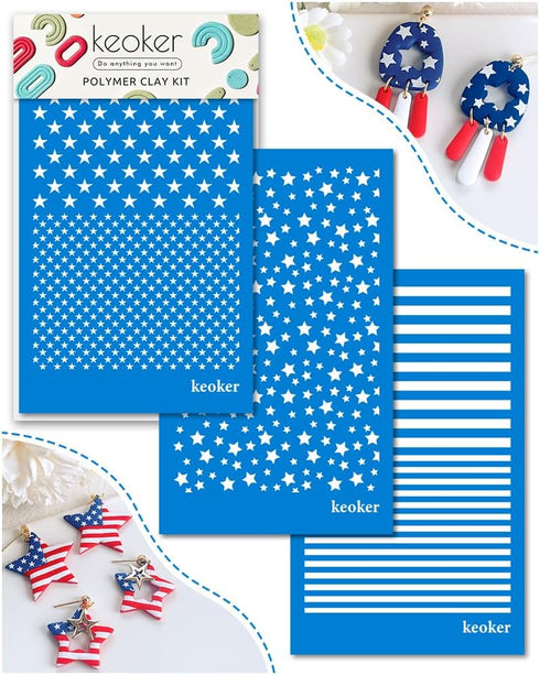 KEOKER Silk Screen Stencils for Polymer Clay Reusable Stars, 4th of July Star Silkscreen for Clay, Printing on Clay & Other Jewelry Clay Earrings ...