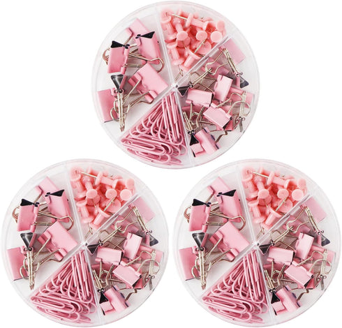 Pink Paper Clips and Binder Clips Set, 3 Pack, 216 pcs, Metal Assorted Sized Binders with Push Pins, Cute Office Supplies for Desk, Desk Accessori...