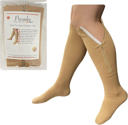 Closed Toe 15-20 mmHg Zipper Moderate Compression Leg Circulation Socks (Beige, 3XL)...