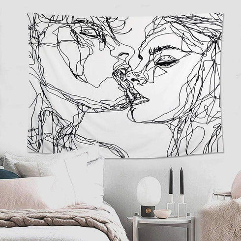 Ruibo Abstract Sketch Art Wall Hanging - Kissing Couple Tapestry, Beach Throw (W:59" H:51")...