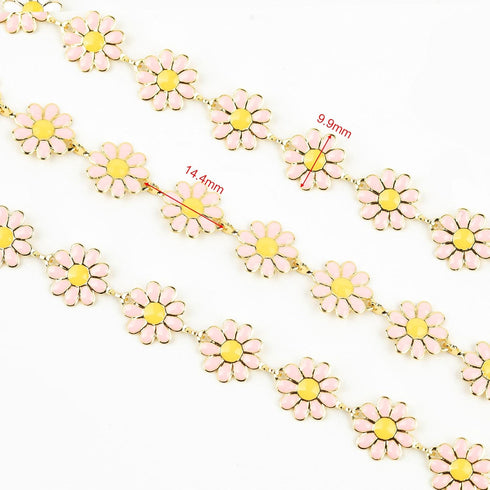 YOUBEIYEE Pink Enamel Daisy Chain Gold Plated Brass Chain for Jewelry Making Oil Drip Floral Jewelry Chains Bulk Flower Decortaion Craft Chain Rol...
