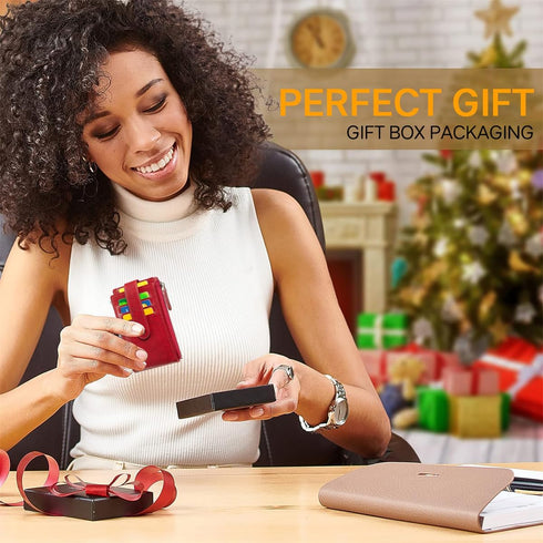 Credit Card Holder for Women RFID Small Wallet Women Slim - Multi Zipper Card Case with Keychain Wine Red...