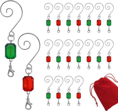 Christmas Ornament Hooks - Set of 20 Red and Green Acrylic Jewels - Silver Wire Ornament Hangers - Decorative Scroll S-Hook with Lobster Claws - H...