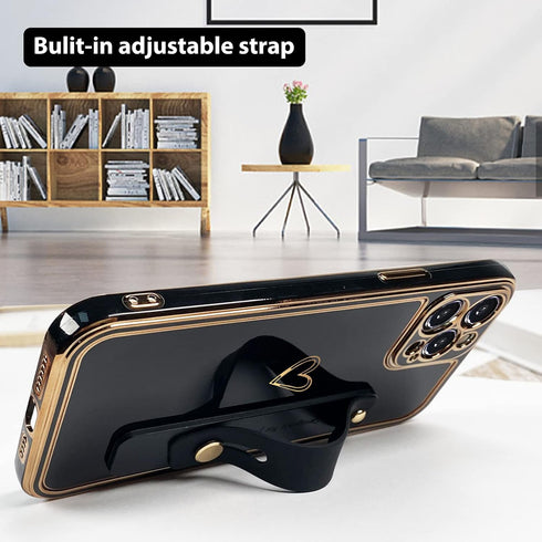 KANGHAR Designed for iPhone 13 Pro Max Case with Strap Luxury Love Heart Plating Gold Bumper Phone Cover Wristband Kickstand Full Body Protective ...