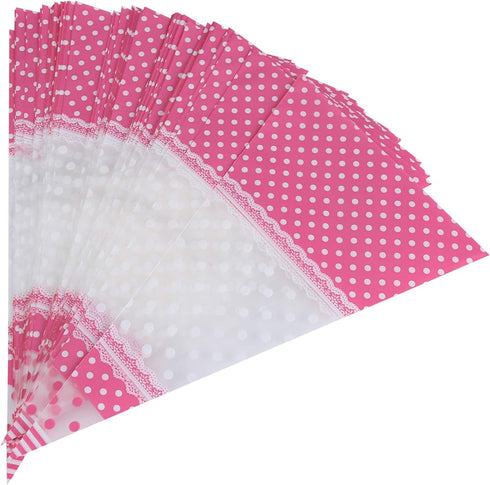 FTVOGUE 50 Piece Clear Cone-Shaped Treat Popcorn Bags Treat Bags Cellophane Candy Bags with Twist Ties(Pink)...
