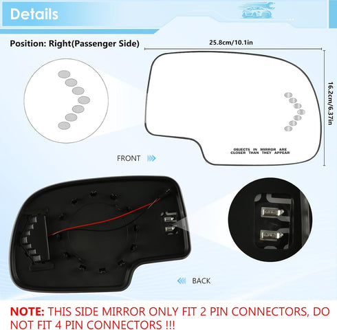 Passenger Side Heated Mirror Glass Compatible with 2003-2006 Cadillac Escalade, Chevrolet Avalanche, Silverado, Suburban, Tahoe, GMC Sierra, Yukon...