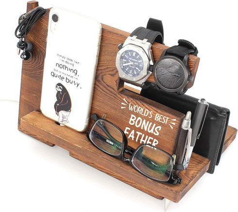 World's Best Bonus Father Wooden Desk Docking Station, Best Bonus Dad Gifts, Father's Day Birthday Gifts for Bonus Dad Stepdad Stepfather, Bonus D...
