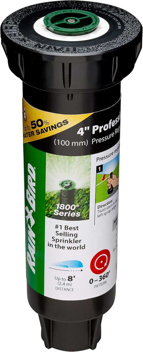 Rain Bird 1804AP8PRS Pressure Regulating (PRS) Professional Pop-Up Sprinkler, Adjustable 0 - 360° Pattern, 6' - 8' Spray Distance, 4" Pop-up Heigh...