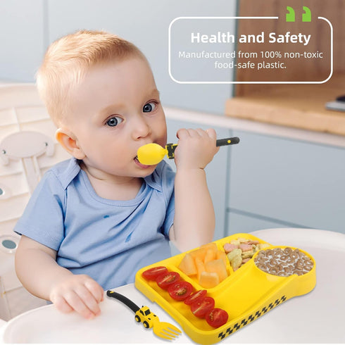 Construction Toddler Plates - Toddler Eating Utensil Set with Removable Straw - Toddler Utensils Set - Baby Plates Feeding Set - for Toddler Gifts...