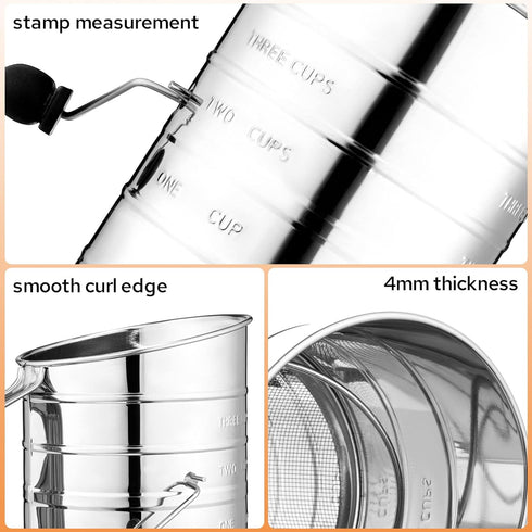 HULISEN 3-Cup Flour Sifter for Baking, Stainless Steel Rotary Hand Crank Sifter, Powdered Sugar & Cocoa Shaker...
