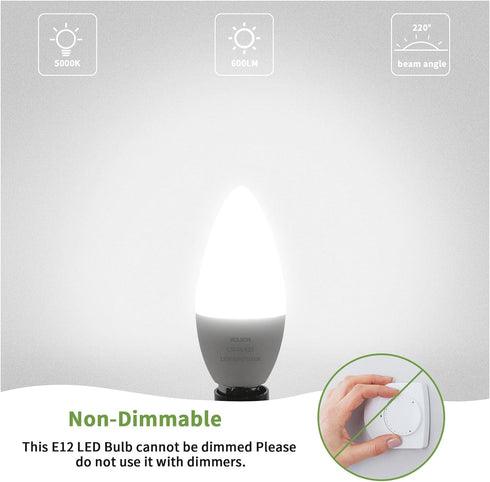 LED Candelabra Bulbs, E12 Ceiling Fan Light Bulbs Small Base, 6W Equivalent 60W, Daylight White 5000K 600 Lumens, B10/B11 Type B Chandelier Light ...