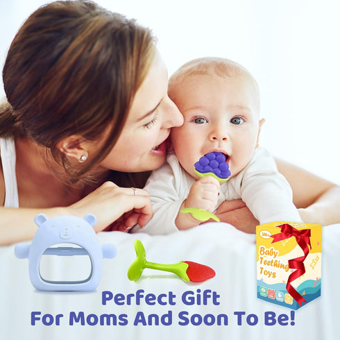 Baby Teething Toys, 3 PCS Teethers Set for 0-6, 3-6 Months & 6-12 Months, Baby Essentials, Infant Toys, Baby Chew Toys Set Food Grade Silicone, Be...