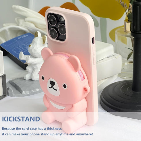 UnnFiko Wallet Phone Case for iPhone 7 Plus 8 Plus 3D Cartoon Cute Bear Purse Stand Holder Soft Silicone Protective Case for Girls Women Pink...