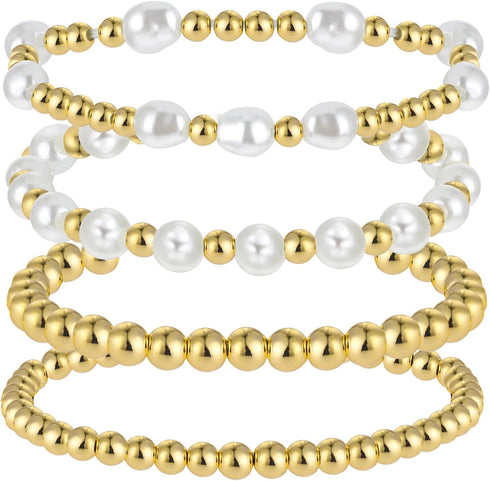 4 Pcs Pearl Gold Bracelet Stack Gold Plated Dainty Gold Pearl Bracelet Stackable Stretch Bead Ball Bracelet Set Bohemian Gold Beaded Bracelets Jew...
