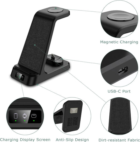 DDUAN Wireless Charging Station, 3 in 1 Fast Charger Stand, Wireless Charger for iPhone15/14/13/12/11/Pro/Max/X/XS/Max/XR/8 & Apple Watch 8/7/SE2/...