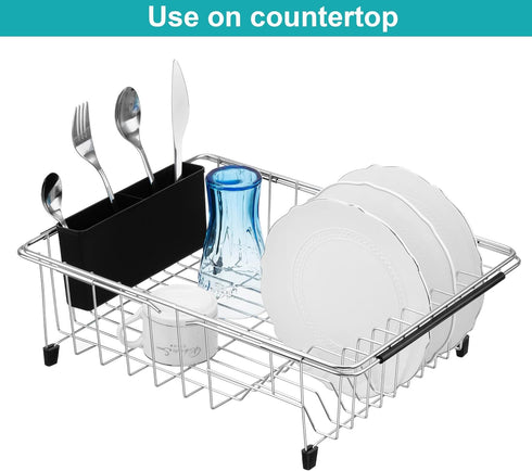 iPEGTOP Expandable Multifunctional Dish Drying Rack, Over The Sink, in Sink Or On Counter Dish Drainer Basket Shelf with Black Utensil Silverware ...