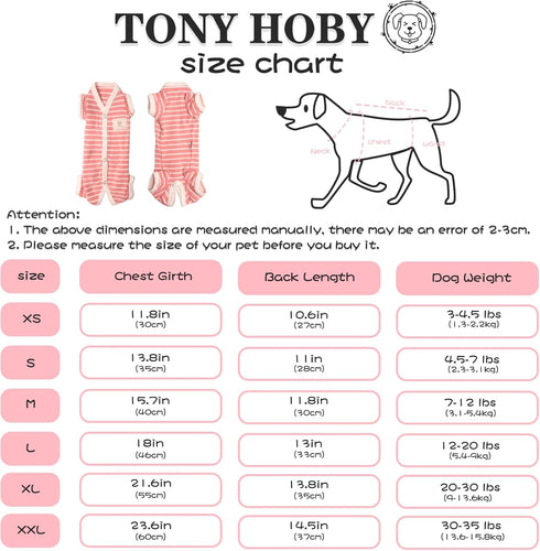 TONY HOBY Female Pet Dog Pajamas, 4 Legged Dog Pjs Jumpsuit with Stripes, Soft Cotton Surgery Recovery Dog Clothes (S, Pink+White-Girls)...