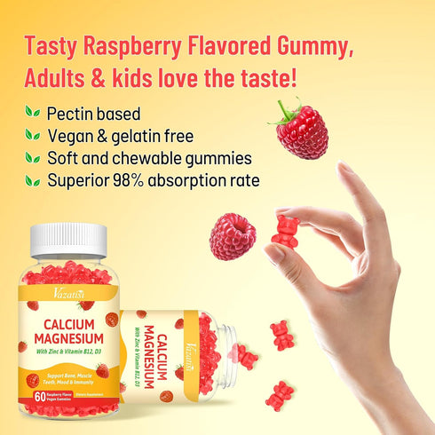 Calcium Magnesium Zinc Gummies with Vitamin D3 & B12, Sugar Free Calcium Supplements for Women Men Support Bone, Muscle Teeth, Mood & Immunity, Ve...