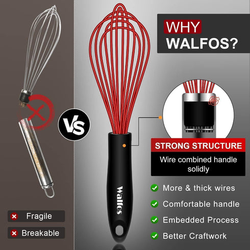 Walfos Whisk,Whisks for Cooking Non Scratch.Silicone Whisk Set of 4 Kitchen Wisk-11in Flat wisk and 7+9+11in Balloon Whisk.Nice for Mixing,Whiskin...