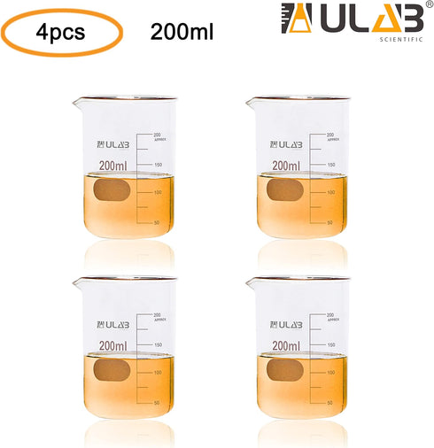 ULAB Scientific Glass Beakers, Vol. 200ml, 3.3 Borosilicate Griffin Low Form with Printed Graduation, Pack of 4, UBG1032...
