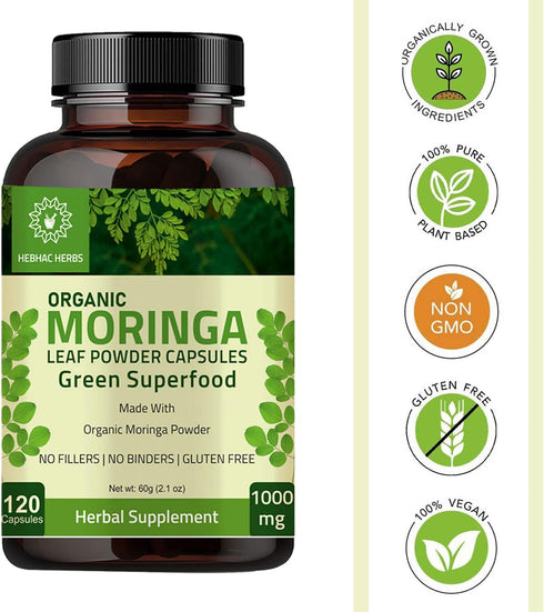 Organic Moringa Capsules 120 Capsules 1000mg – Organic Moringa Oleifera Leaf Powder Capsules Leaf Energy, Metabolism, & Immune Support nutrient-ri...