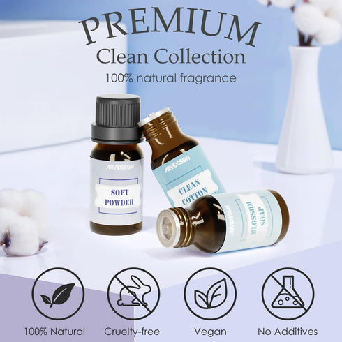 Clean Essential Oils Set, ARVIDSSON Premium Fragrance Oil for Clean Home, Soap Making - Clean Cotton, Fresh Linen, Clean Air, Soft Powder, Blossom...
