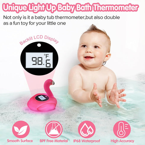 Rechargeable Baby Bath Thermometer Newborn with Light, BPA-Free Flamingo Bath Thermometer Baby Safety, IP68 Waterproof Bathtub Thermometer Floatin...