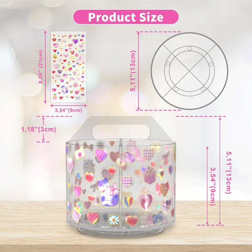 Acrylic Pencil Organizer for Desk 4 Compartments with Adhesive DIY Sticker, Rotating Art Supply Organizer with Kawaii Sticker Kids, Spinning Round...