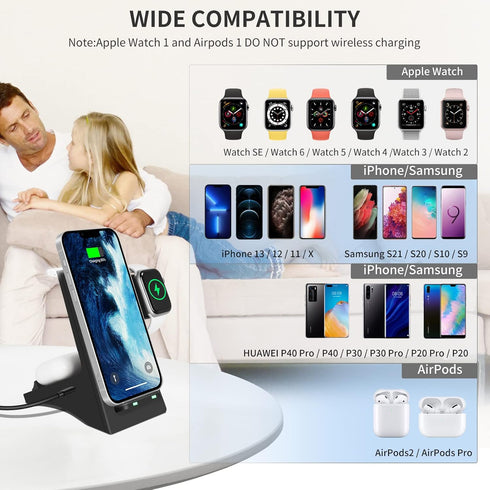 Wireless Charger, 3 in 1 Wireless Fast Charging Stand Dock for Apple Watch 6/5/4/3/2, Airpods 2/Pro, iPhone 13/13 Pro/13 Pro Max /12/11/Pro/Pro Ma...