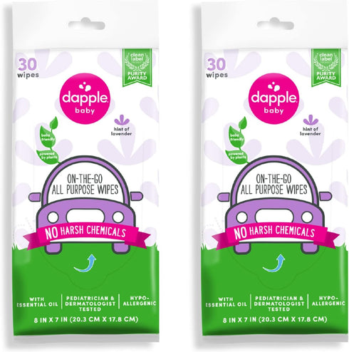 dapple All Purpose Wipes Baby, Hint of Lavender, 30 Count Pouch (Pack of 2) - Plant Based & Hypoallergenic Cleaning Wipes...