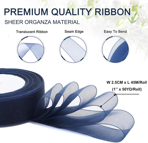 Bule Ribbon for Gifts Wrapping, 1 inch 50Yard Sheer Organza Ribbon, Navy Blue Gift Wrap Ribbon, Chiffon Fabric Ribbon for Wedding, Crafts, Flower ...