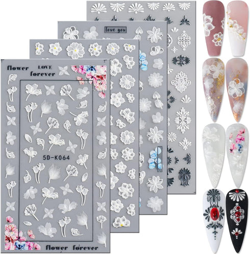 KINGMAS 5D Flower Nail Art Sticker Decals Hollow Exquisite Pattern Nail Art Supplies Self-Adhesive Luxurious DIY Nail Art Decoration White Lace Fl...