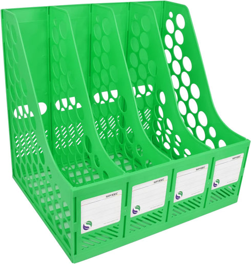 SAYEEC File Holder Folder Organizer Store 4 Compartment Bookshelf Desk Hollow Design Standing Vertical File Plastic Box Magazines Holder with Blan...