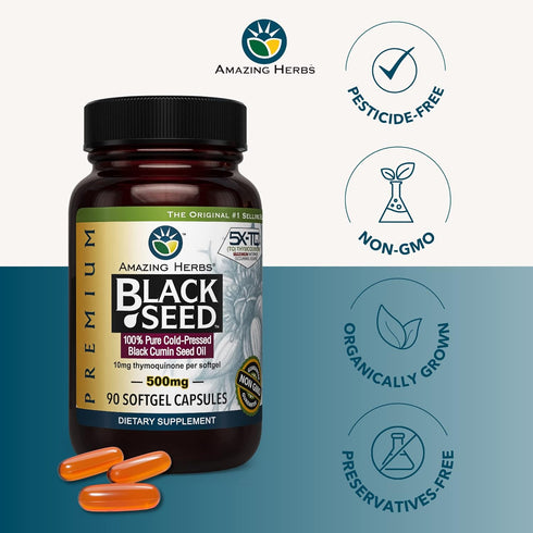Amazing Herbs Premium Black Seed Oil Capsules - Cold Pressed Nigella Sativa Aids in Digestive Health, Immune Support, Brain Function, Gluten Free,...
