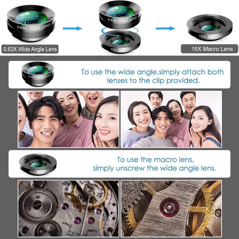 KINGMAS 3 in 1 Universal 198° Fish Eye Lens + 0.63X Wide-Angle Lens + 15X Macro Clip Camera Lens Kit for iPad iPhone Samsung Android and Most Smar...