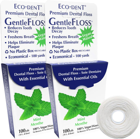 Eco-Dent GentleFloss Dental Floss, Waxed, Mint - Floss with Vegan Plant-Based Wax, Recyclable Cardboard Packaging, 100 Yds Ea (Pack of 2)...