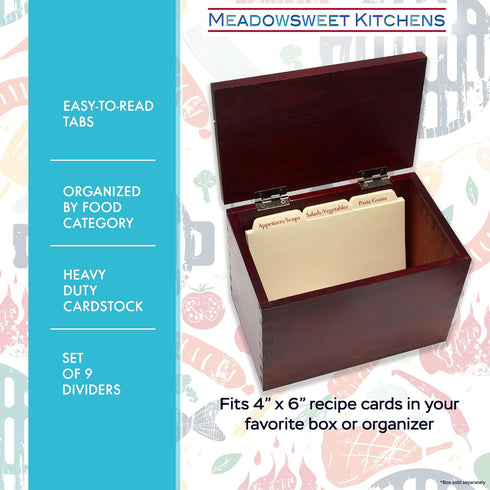 Meadowsweet Kitchens Recipe Card Box Tab Divider Set - Tab Dividers Printed on Neutral Color Card Stock - Set of 9 Tab Dividers for 4x6 Recipe Car...