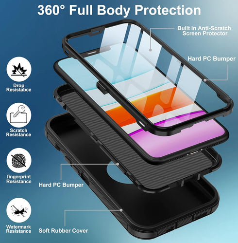 for iPhone 11 Case, with Built in Screen Protector Heavy Duty Drop Protection, Full Body Rugged Shockproof Dust Proof 3- Layer Tough Protective Ph...