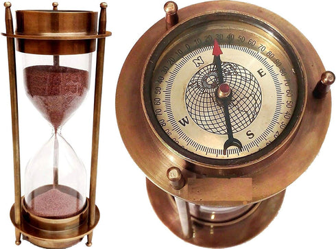 7 Nautical Brass Sand Timer Hourglass with Maritime Brass Compass Table Decorative by Hanzlacollection...
