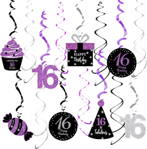 Sweet 16 Birthday Decorations Purple Silver Black for Women/Girl 16th Birthday Party Decorations Purple Silver Black Foil Hanging Swirls Decoratio...